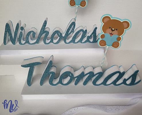 Nomi Nicholas e Thomas rivestiti in gomma azzurra con aggiunta orsetto